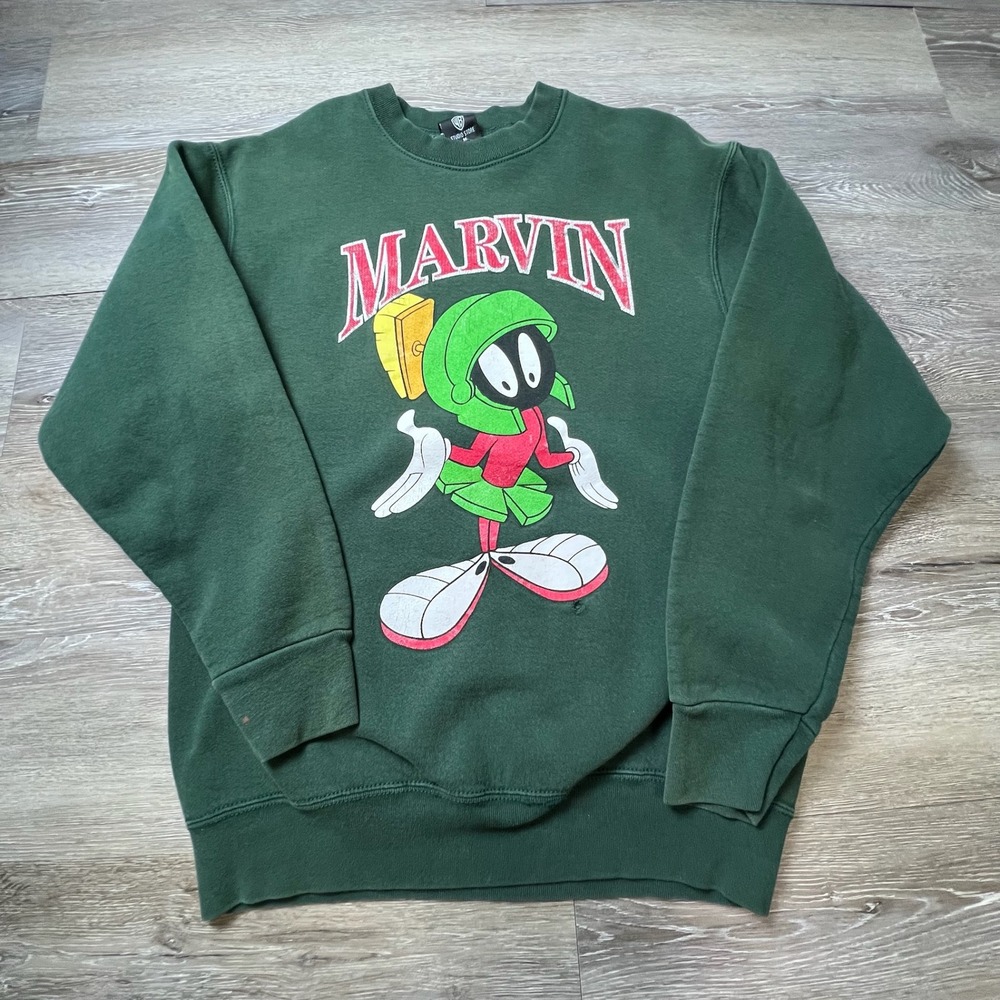 1990s‎ Marvin the Martian Sweatshirt Unisex M Green 1995 Vintage Looney Tune